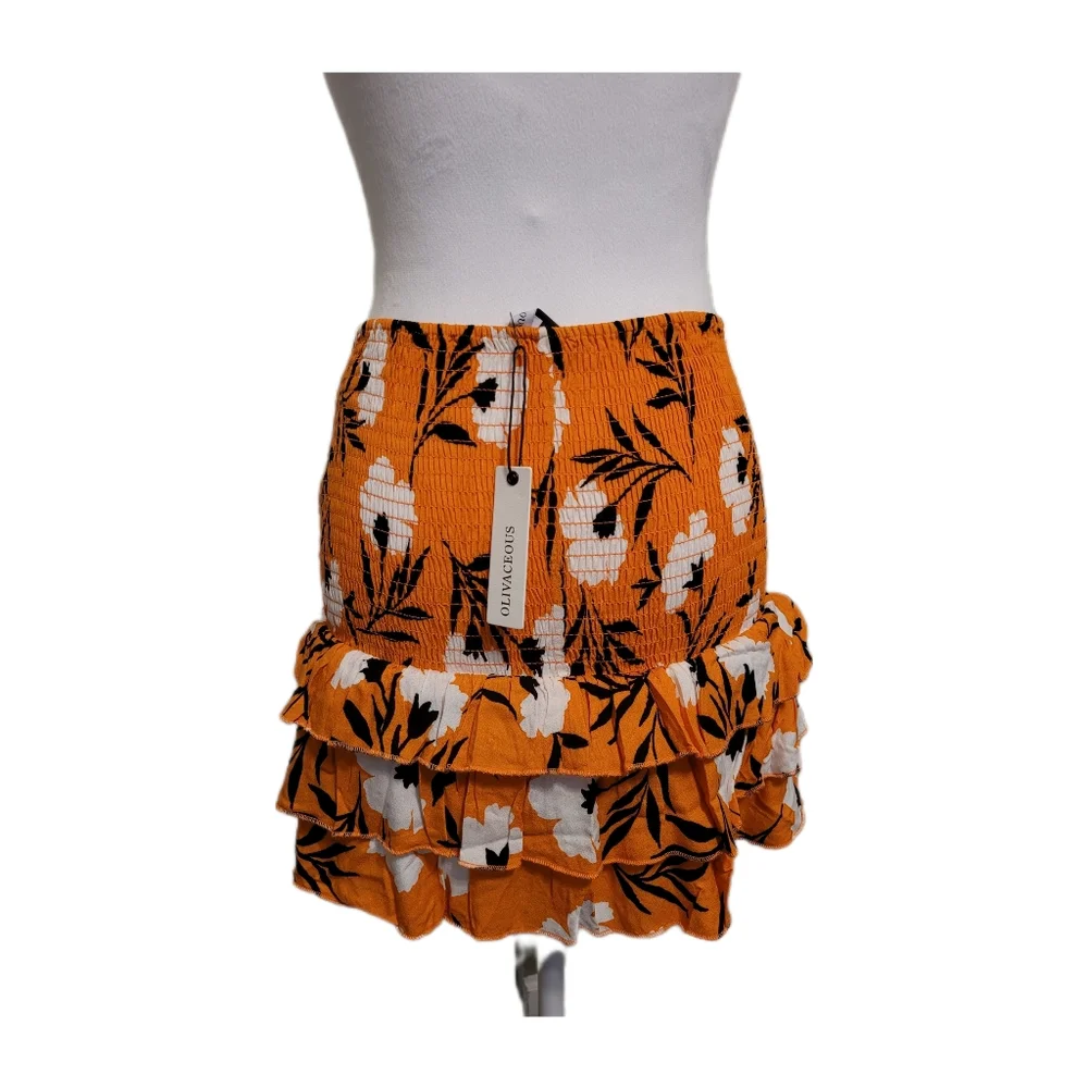 Olivaceous Floral Print Smocked Waist Tiered Ruffle Mini Skirt Size S, NWT